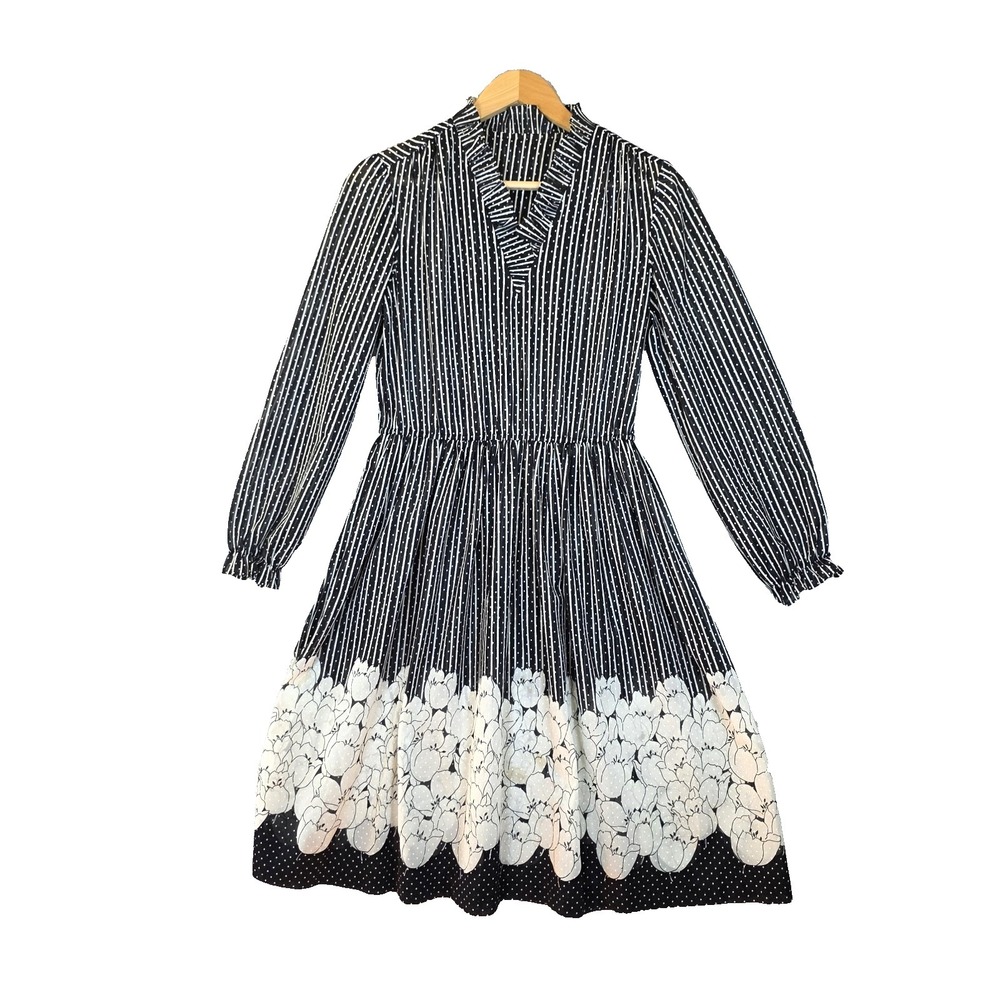 Vtg 70s 80s Lady Susan Page Polka Dot Tulip Print Dress Ruffle Black White L